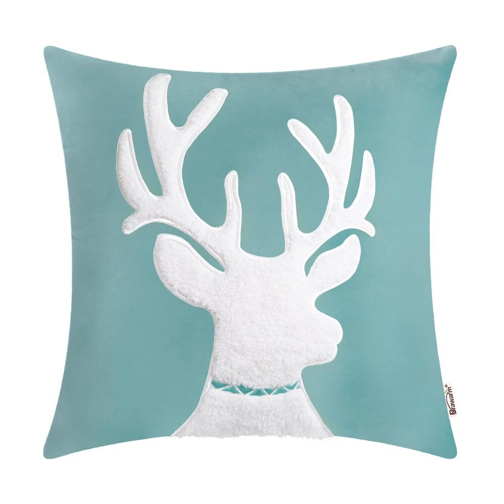 6021 Christmas Pillow Cover 20 X 20 Inches, Teal Reindeer Embroidered